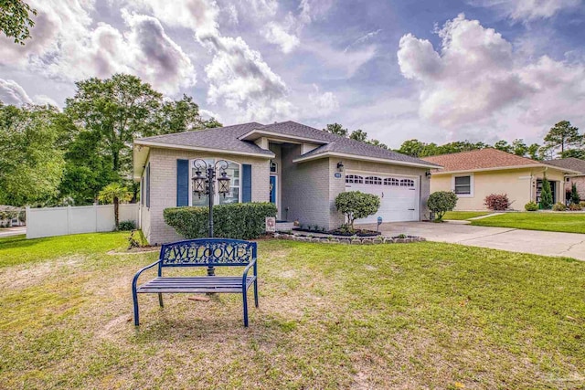 ranch-style home with a front yard, a garage, brick siding, concrete driveway, and fence