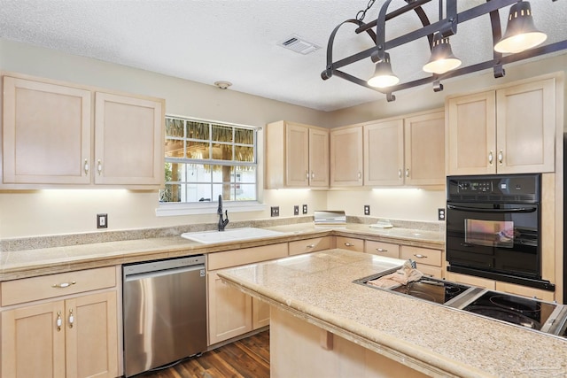 2724 Ashbury Ln, Cantonment, FL 32504 - kitchen featuring black appliances, light brown cabinetry, tile countertops, dark wood-type flooring, and a textured ceiling