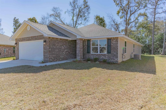 ranch-style house with central air condition unit, a front yard, and a garage