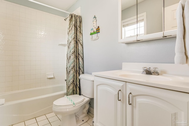 full bathroom featuring vanity, toilet, shower / bath combination with curtain, and tile patterned flooring