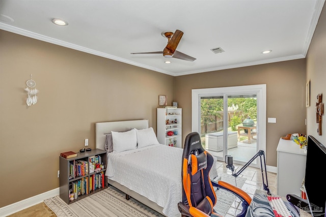 bedroom with ornamental molding, access to exterior, and ceiling fan