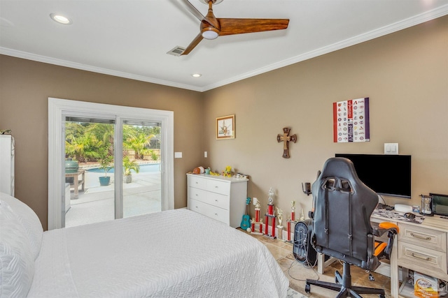 bedroom featuring ceiling fan, ornamental molding, and access to exterior