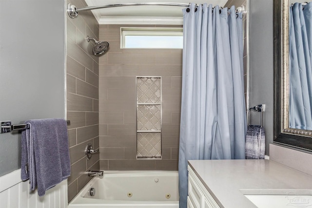 bathroom with shower / bathtub combination with curtain and vanity