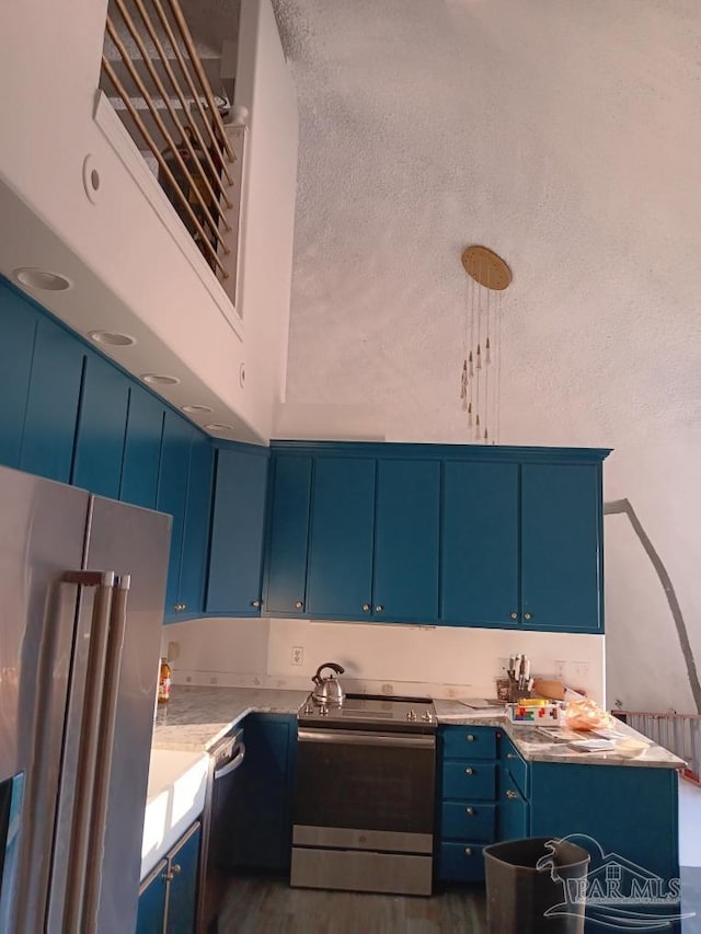 kitchen with dark hardwood / wood-style floors, blue cabinets, a high ceiling, and appliances with stainless steel finishes