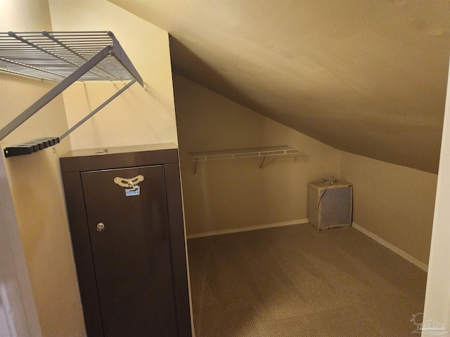 spacious closet with carpet floors and vaulted ceiling