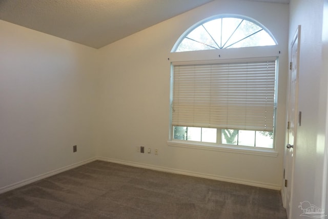 unfurnished room featuring dark carpet and vaulted ceiling