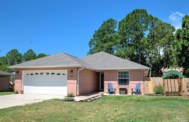 single story home with central AC, a garage, and a front lawn