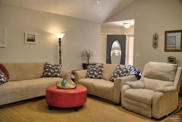 living room with a textured ceiling and lofted ceiling