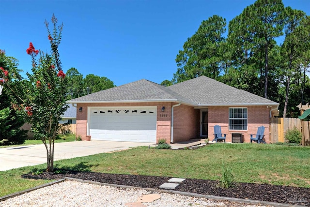 ranch-style home with a garage and a front yard