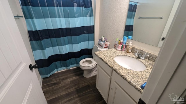 bathroom with a textured wall, toilet, a shower with curtain, wood finished floors, and vanity