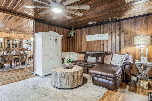 living room featuring wooden walls, ceiling fan, wood ceiling, and hardwood / wood-style flooring