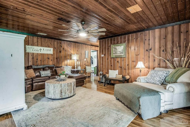 living room featuring wooden walls, ceiling fan, wooden ceiling, and hardwood / wood-style flooring