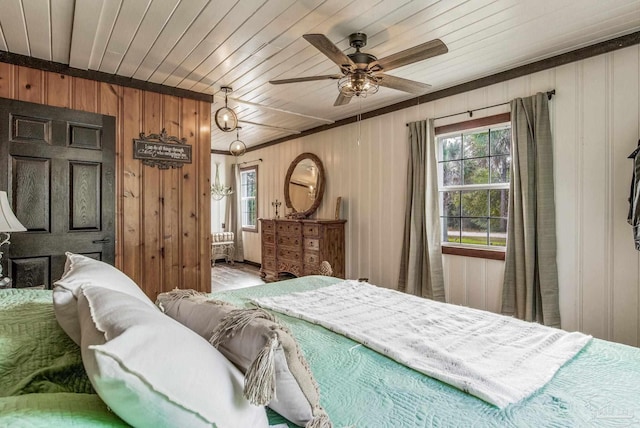 bedroom with hardwood / wood-style flooring, ceiling fan, wooden ceiling, and wooden walls