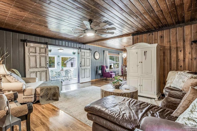 living room with plenty of natural light, a barn door, wooden ceiling, and light hardwood / wood-style flooring