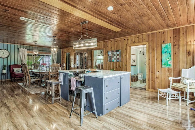 110 Glover Rd, Century, FL 32535 - kitchen featuring wooden ceiling, stainless steel electric range oven, healthy amount of natural light, wooden walls, and light wood finished floors