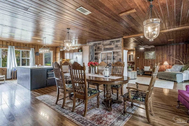 dining space featuring ceiling fan with notable chandelier, wood walls, wood ceiling, and dark wood-type flooring