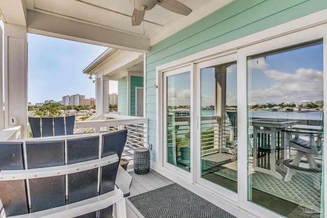 balcony with a ceiling fan