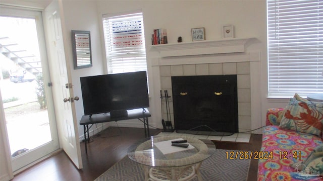 living room with a tile fireplace, light hardwood / wood-style floors, and plenty of natural light