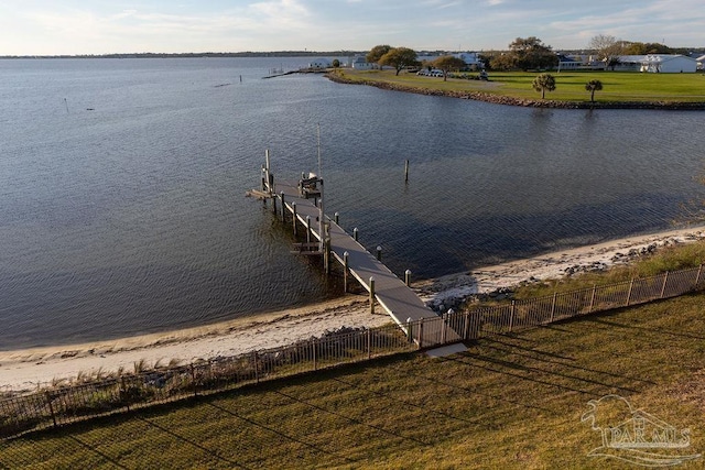 106 Matamoros Dr, Pensacola Beach, FL 32561 - view of dock with boat lift, a water view, and fence