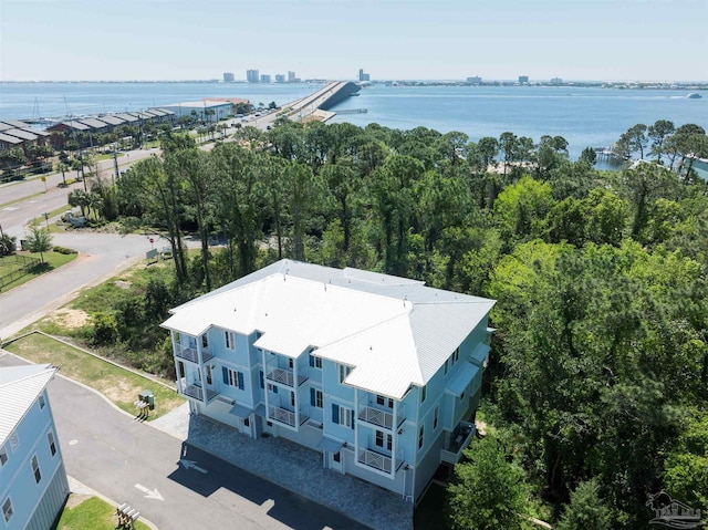 drone / aerial view with a water view