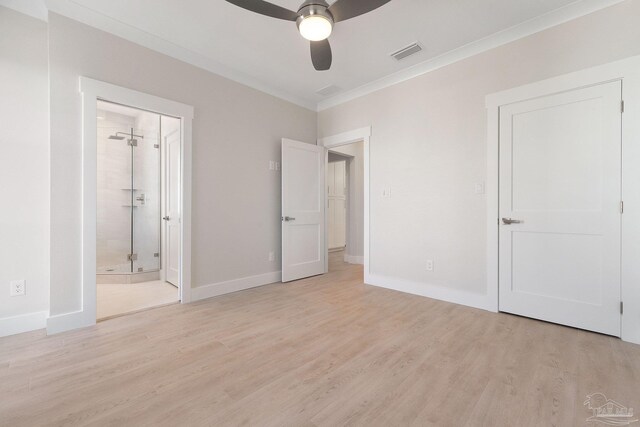 unfurnished bedroom with light wood-type flooring, ceiling fan, connected bathroom, and ornamental molding