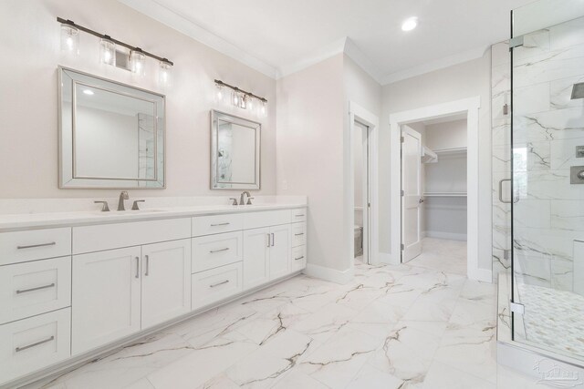 bathroom with a shower with shower door, crown molding, toilet, tile patterned floors, and double sink vanity