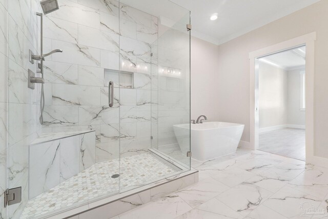 bathroom with crown molding, tile patterned floors, and plus walk in shower