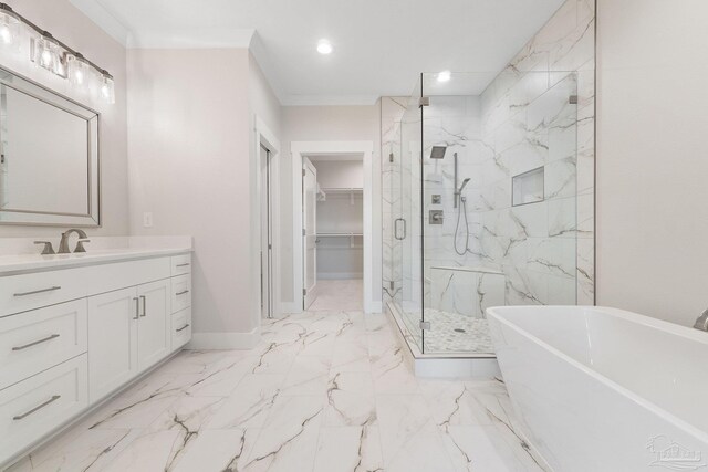 bathroom featuring vanity, separate shower and tub, and tile patterned flooring