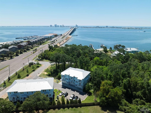 aerial view featuring a water view