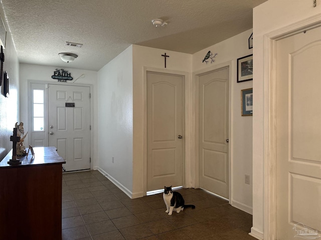 foyer featuring dark tile patterned flooring, baseboards, and a textured ceiling