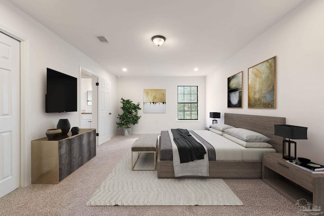 bedroom with carpet flooring, recessed lighting, and visible vents