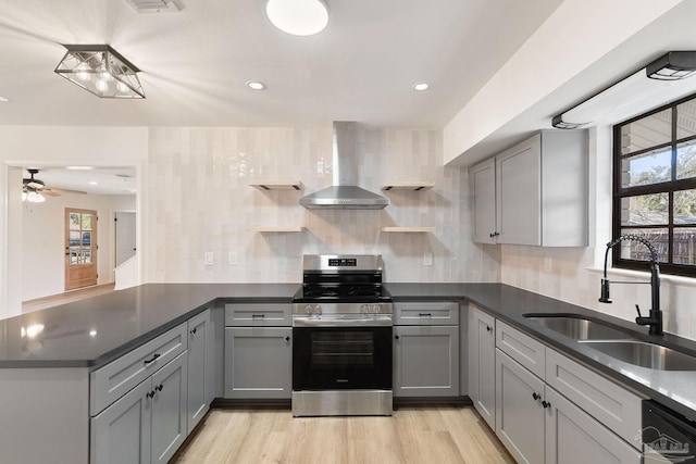 kitchen with gray cabinetry, electric stove, open shelves, a sink, and wall chimney exhaust hood