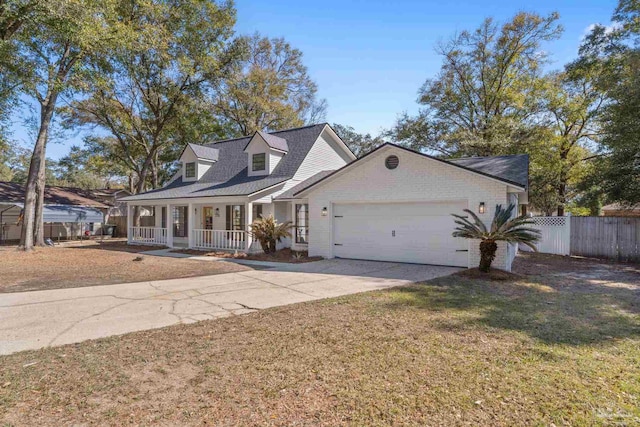 cape cod home with fence, a porch, a front yard, a garage, and driveway