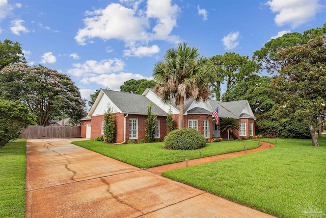 view of front of home featuring concrete driveway, a front lawn, fence, and brick siding