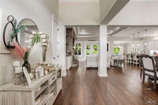 entrance foyer with dark wood-type flooring, crown molding, recessed lighting, and beamed ceiling