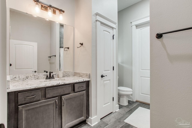 bathroom featuring wood finished floors, toilet, and vanity