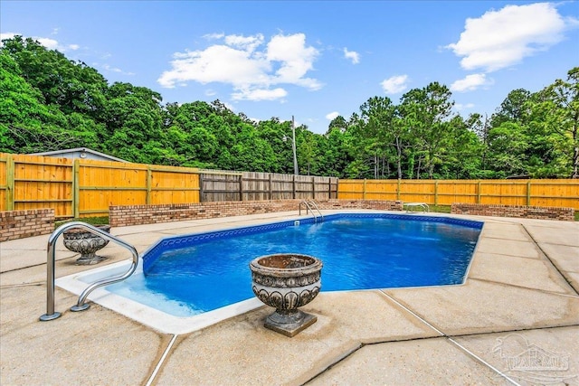 view of swimming pool featuring a fenced in pool, a patio, and a fenced backyard