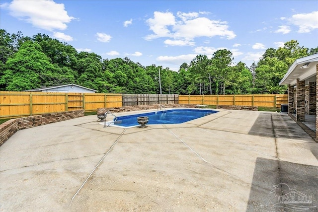 view of swimming pool featuring a fenced in pool, a fenced backyard, and a patio area