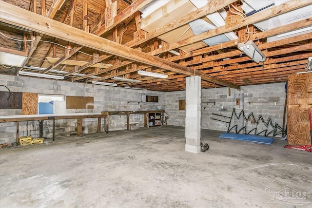 unfinished basement with concrete block wall