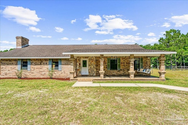 ranch-style home featuring fence, a shingled roof, a front lawn, brick siding, and a chimney