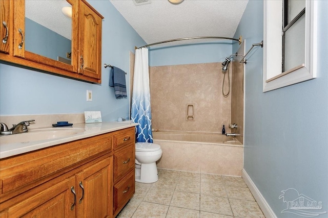 bathroom featuring vanity, shower / bath combination with curtain, toilet, a textured ceiling, and tile patterned floors