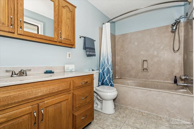 full bath featuring tile patterned flooring, vanity, toilet, a textured ceiling, and shower / bath combination with curtain