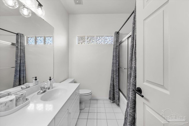 full bathroom featuring toilet, tile patterned floors, shower / bathtub combination with curtain, and vanity