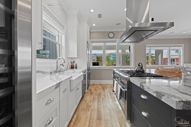 kitchen with white cabinets, a sink, island exhaust hood, and high end stainless steel range oven
