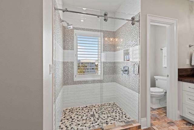 full bathroom with toilet, vanity, and a stall shower