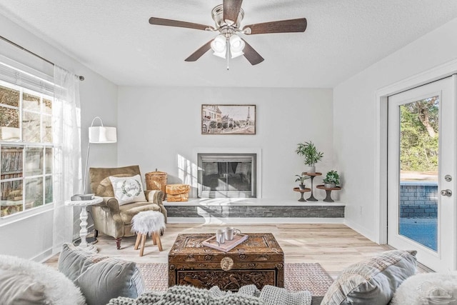 living room featuring plenty of natural light, light hardwood / wood-style floors, and a textured ceiling