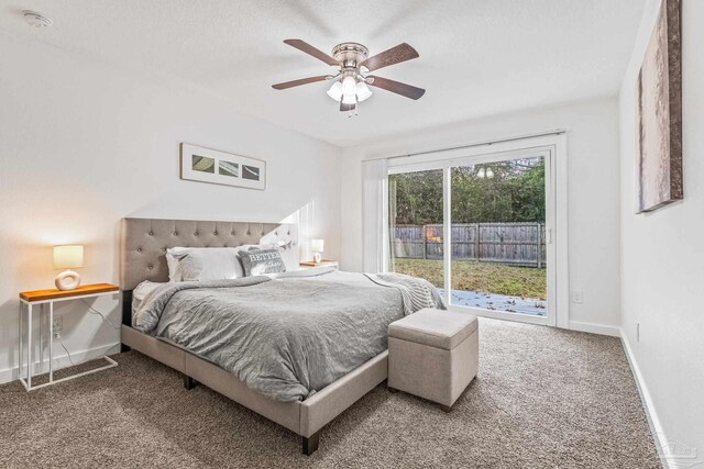 carpeted bedroom featuring ceiling fan and access to outside