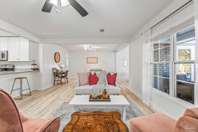 living room featuring ceiling fan, light hardwood / wood-style floors, and a textured ceiling