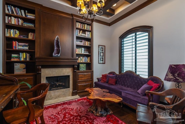3063 Bay St, Gulf Breeze, FL 32563 - living area featuring a chandelier, a high end fireplace, coffered ceiling, wood finished floors, and beam ceiling