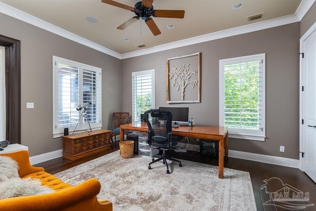 3063 Bay St, Gulf Breeze, FL 32563 - home office featuring wood finished floors, ceiling fan, ornamental molding, baseboards, and recessed lighting